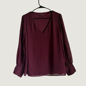 Express V-Neck Blouse Large Sheer Pleated Sleeve Chiffon Relaxed Burgundy Wine